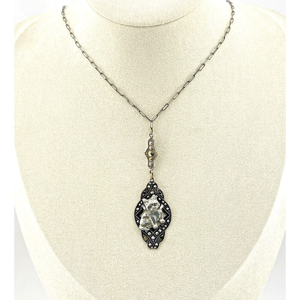 Art Deco Marcasite Cat Necklace Sterling Silver Lavalier Y Necklace 16 Inch